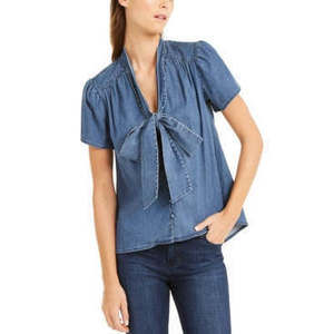 I.N.C. Women's Tie-Neck Denim Baby Doll Blouse, Medium, Blue